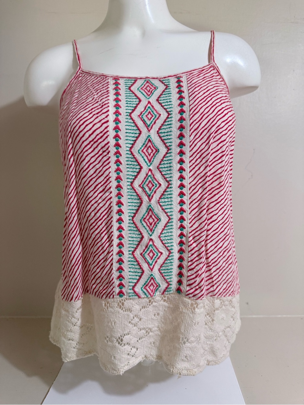 Red Camel Pink Striped Embroidered Camisole with Cream Lace Trim